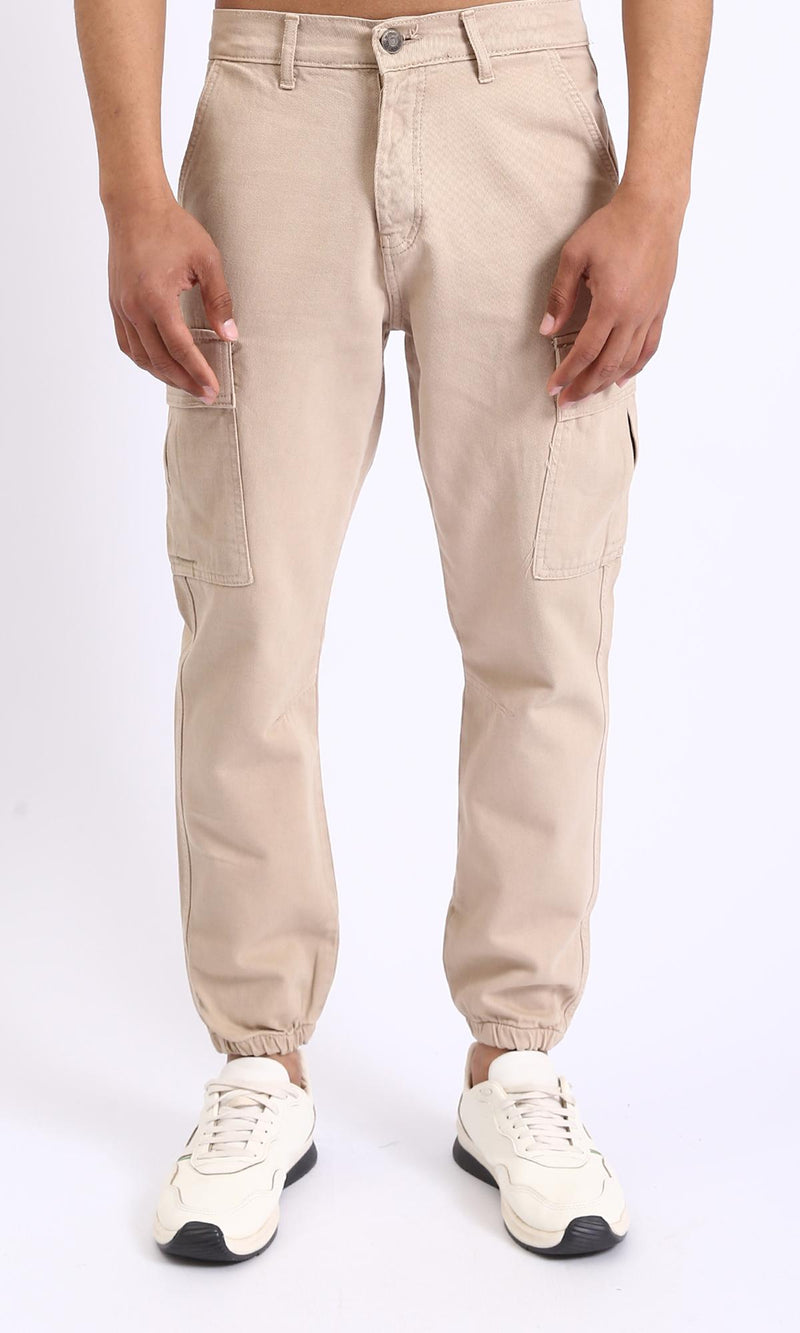 R208753-Casual Cotton Cargo Pants with Hem - Beige