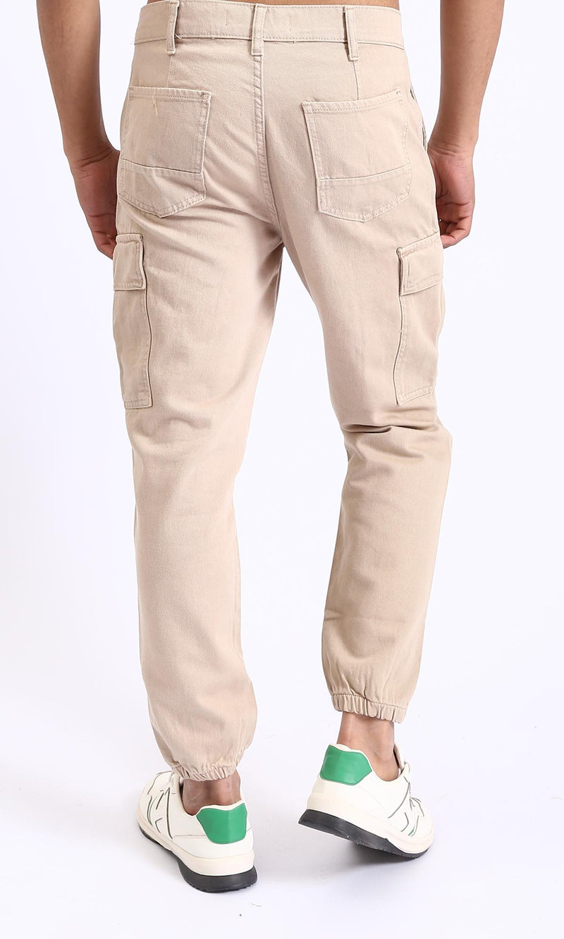 R208753-Casual Cotton Cargo Pants with Hem - Beige