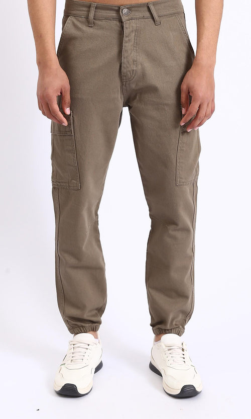 R208754-Casual Cotton Cargo Pants with Hem - Dark Coffee