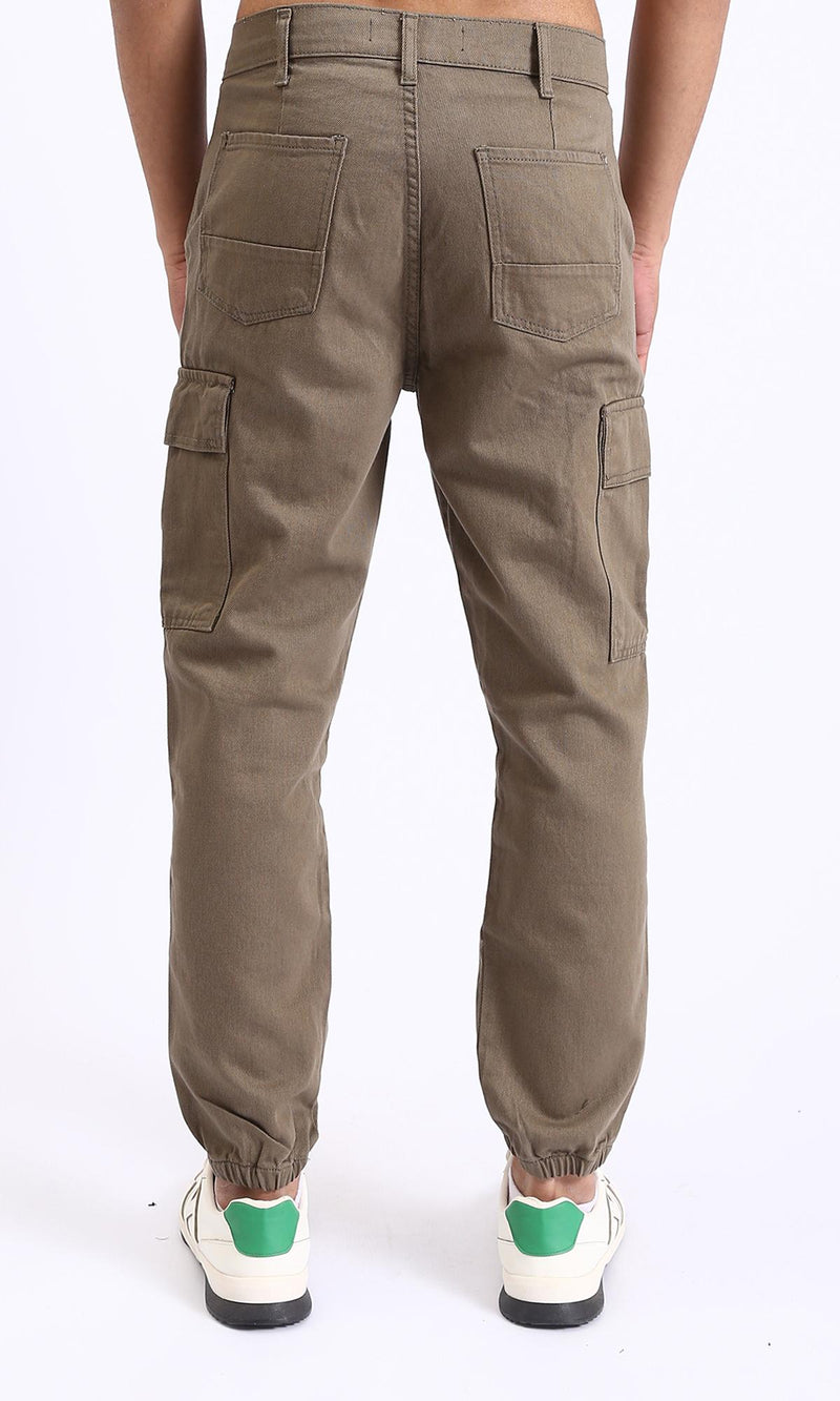 R208754-Casual Cotton Cargo Pants with Hem - Dark Coffee