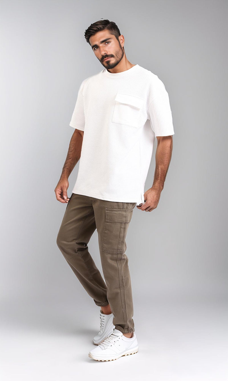 R208754-Casual Cotton Cargo Pants with Hem - Dark Coffee