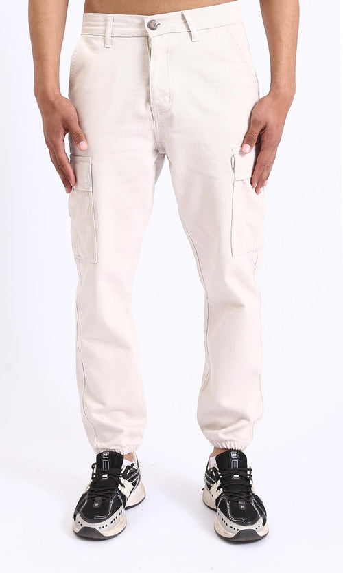 R208756-Casual Cotton Cargo Pants with Hem - Off-White