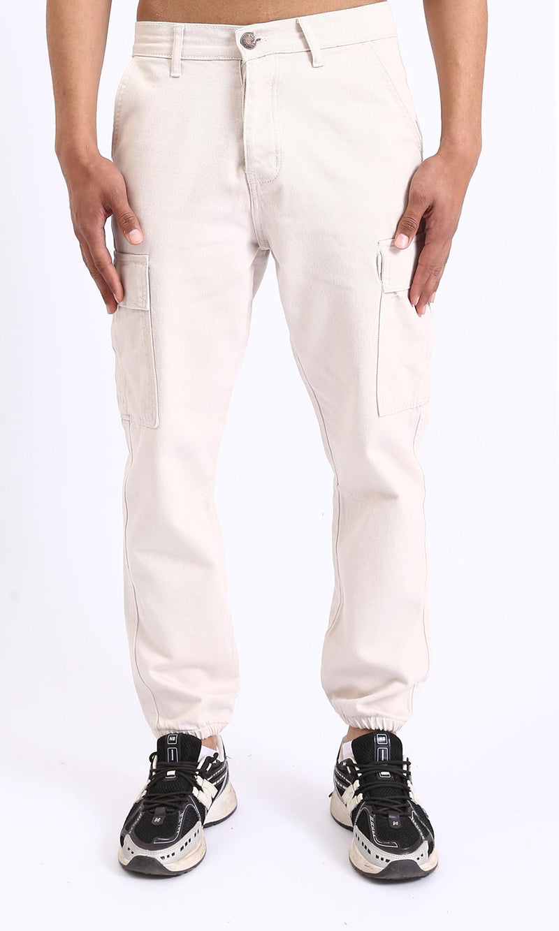 R208756-Casual Cotton Cargo Pants with Hem - Off-White