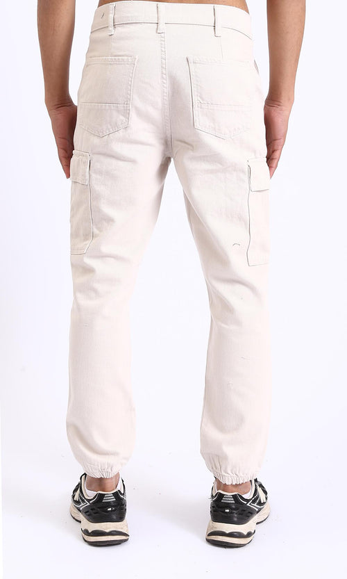 R208756-Casual Cotton Cargo Pants with Hem - Off-White