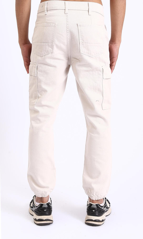 R208756-Casual Cotton Cargo Pants with Hem - Off-White