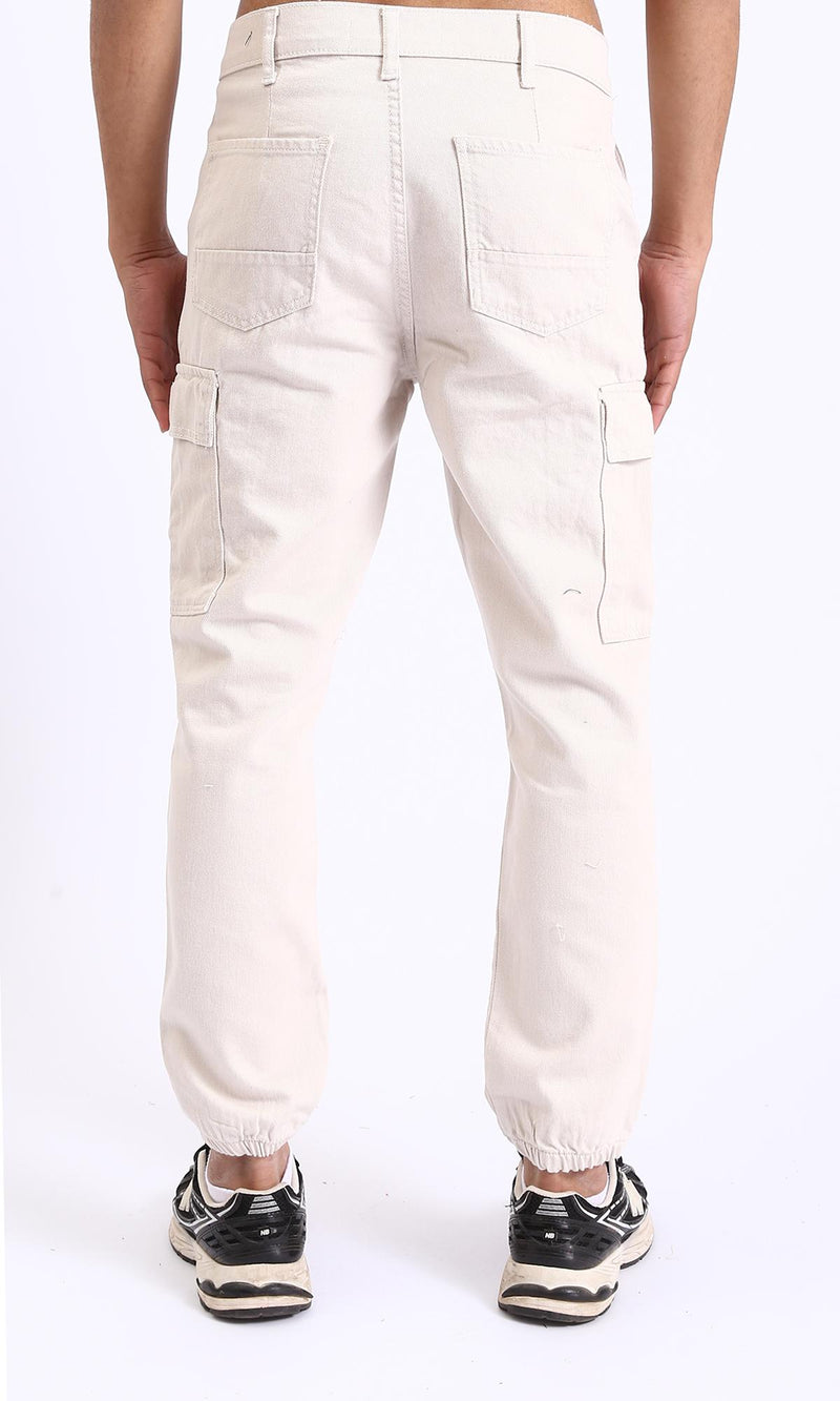 R208756-Casual Cotton Cargo Pants with Hem - Off-White