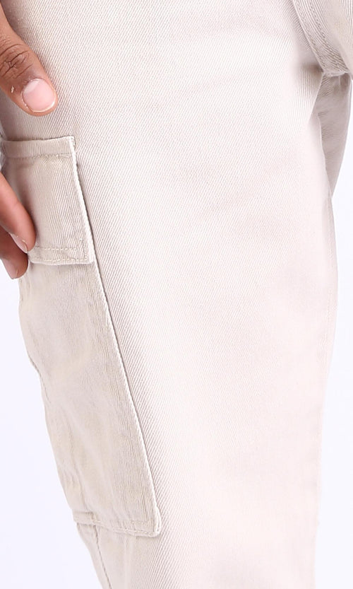 R208756-Casual Cotton Cargo Pants with Hem - Off-White