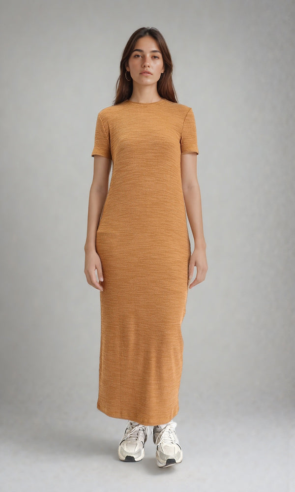 R208762 - Self Pattern Short Sleeves Maxi Dress - Dark Camel