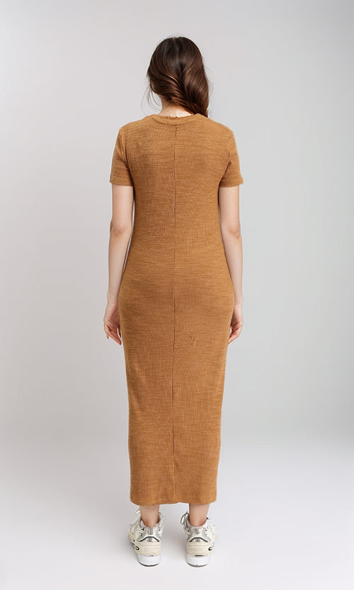 R208762 - Self Pattern Short Sleeves Maxi Dress - Dark Camel