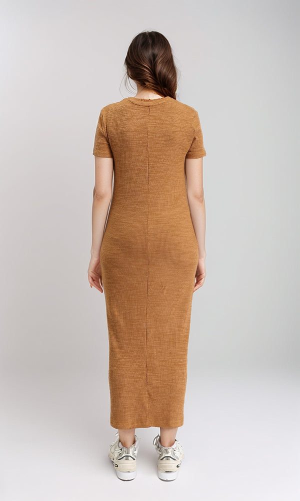 R208762 - Self Pattern Short Sleeves Maxi Dress - Dark Camel