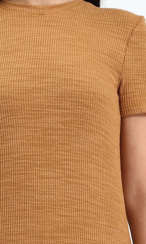 R208762 - Self Pattern Short Sleeves Maxi Dress - Dark Camel