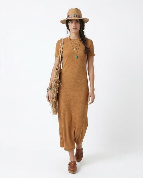 Ravin Ribbed Short-Sleeve Maxi Dress – Toffee - R208762