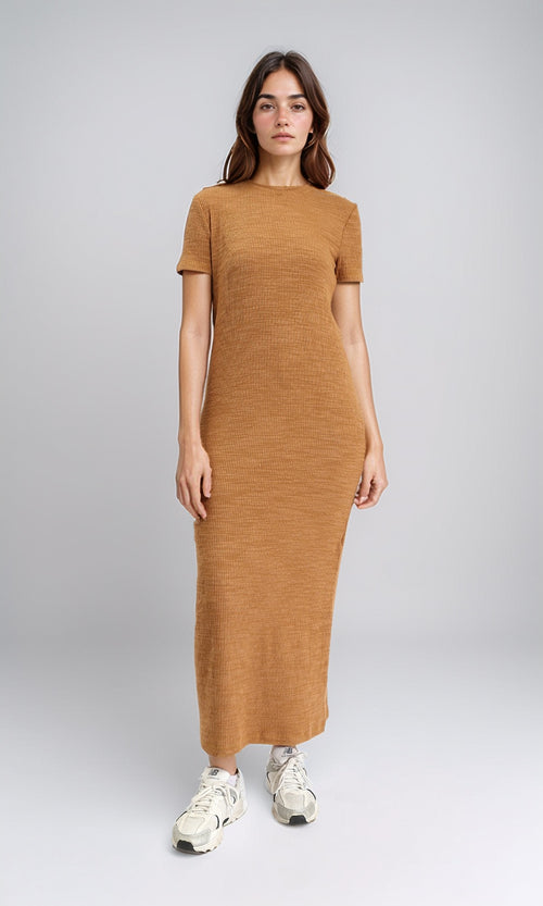 R208762 - Self Pattern Short Sleeves Maxi Dress - Dark Camel