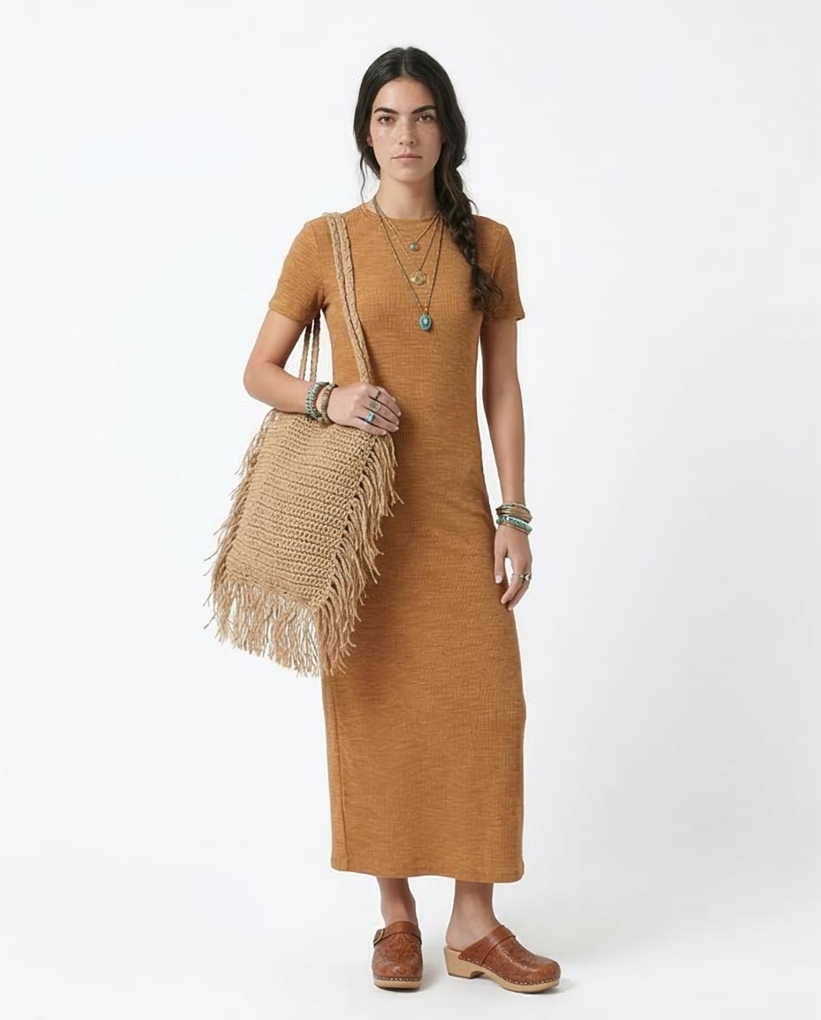 Ravin Ribbed Short-Sleeve Maxi Dress – Toffee - R208762