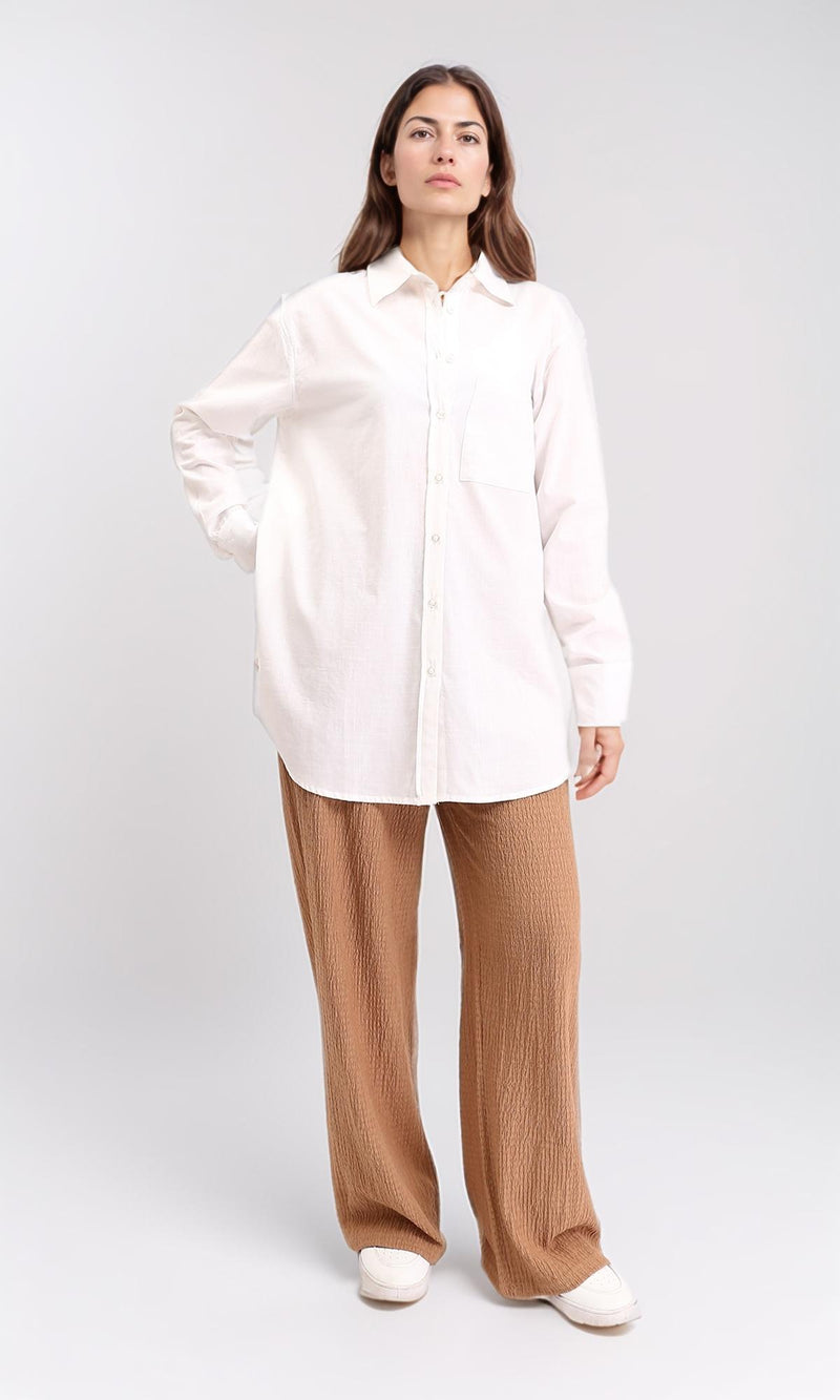 R208768 - Solid Long Sleeves Shirt with Front Pocket - Off-White