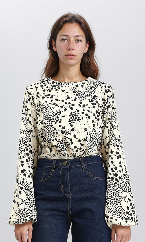R208774 - Bell Sleeves Patterned Blouse - Cream & Black