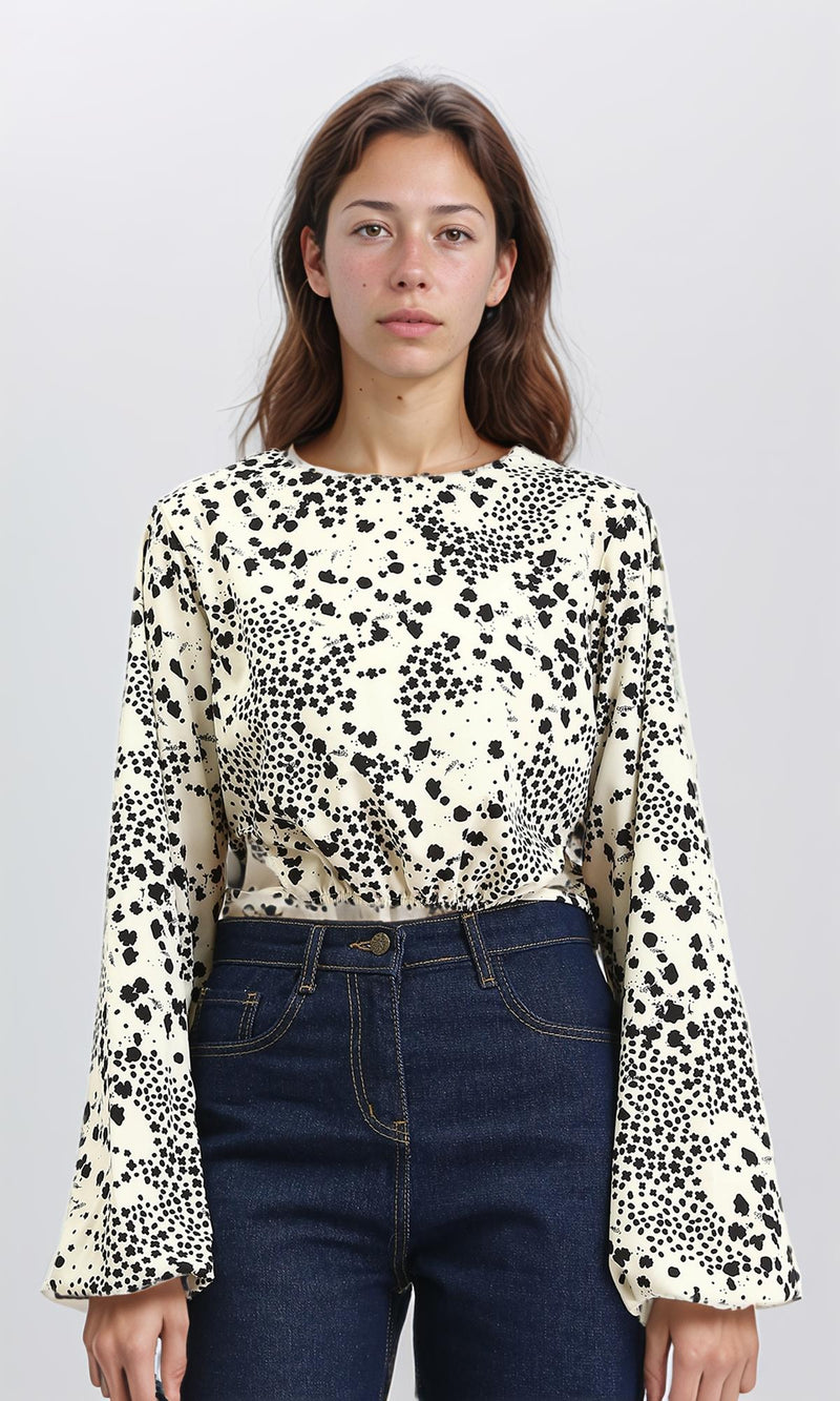 R208774 - Bell Sleeves Patterned Blouse - Cream & Black