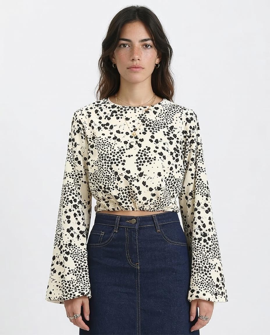 Women's Floral Print Cropped Blouse with Bell Sleeves- Cream & Black