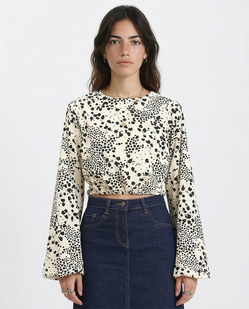 Ravin Women's Floral Print Cropped Blouse with Bell Sleeves- Cream & Black - R208774