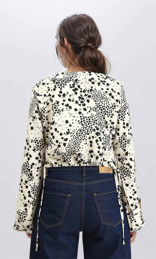 R208774 - Bell Sleeves Patterned Blouse - Cream & Black
