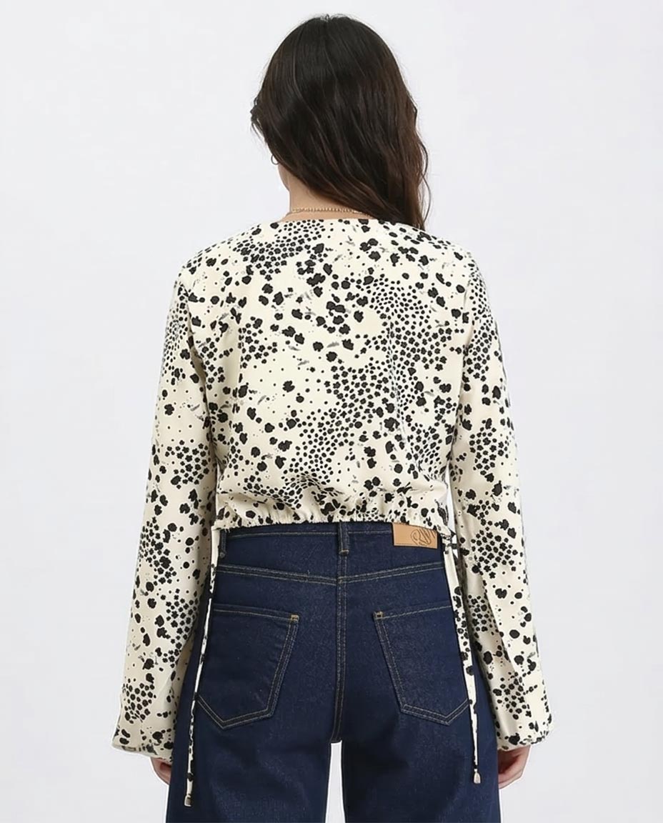 Ravin Women's Floral Print Cropped Blouse with Bell Sleeves- Cream & Black - R208774