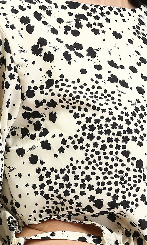 R208774 - Bell Sleeves Patterned Blouse - Cream & Black