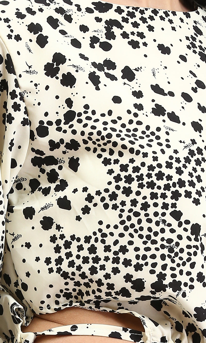 R208774 - Bell Sleeves Patterned Blouse - Cream & Black