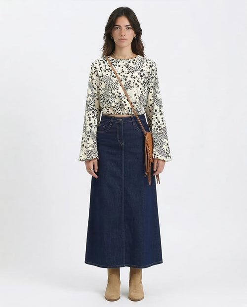 Ravin Women's Floral Print Cropped Blouse with Bell Sleeves- Cream & Black - R208774