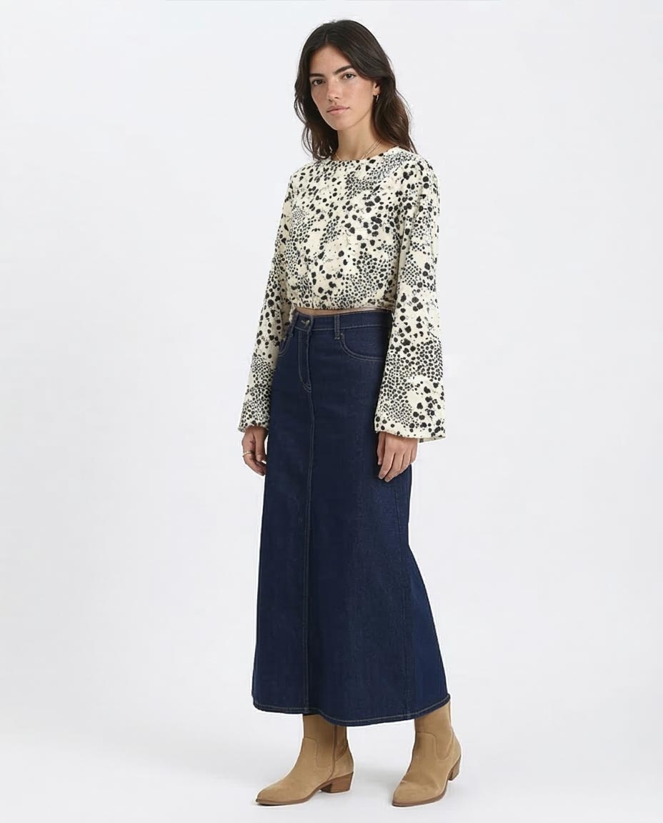 Ravin Women's Floral Print Cropped Blouse with Bell Sleeves- Cream & Black - R208774
