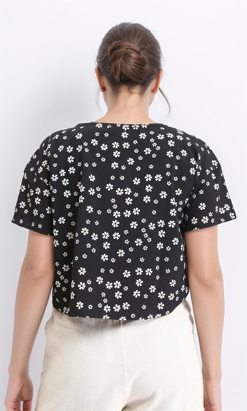 R208775 - Floral Boat Neck Short Sleeves Tee - Black & White