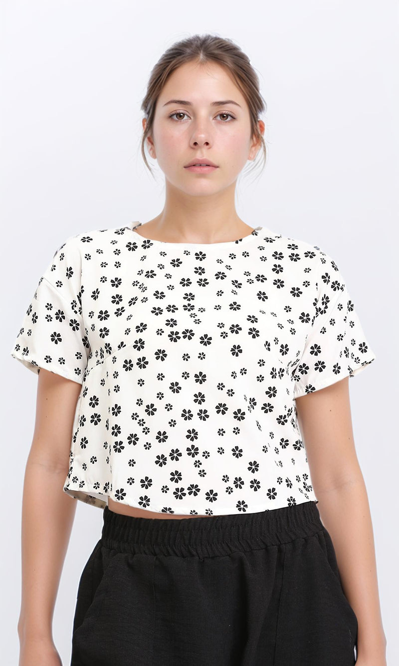 R208776 - Floral Boat Neck Short Sleeves Tee - White & Black