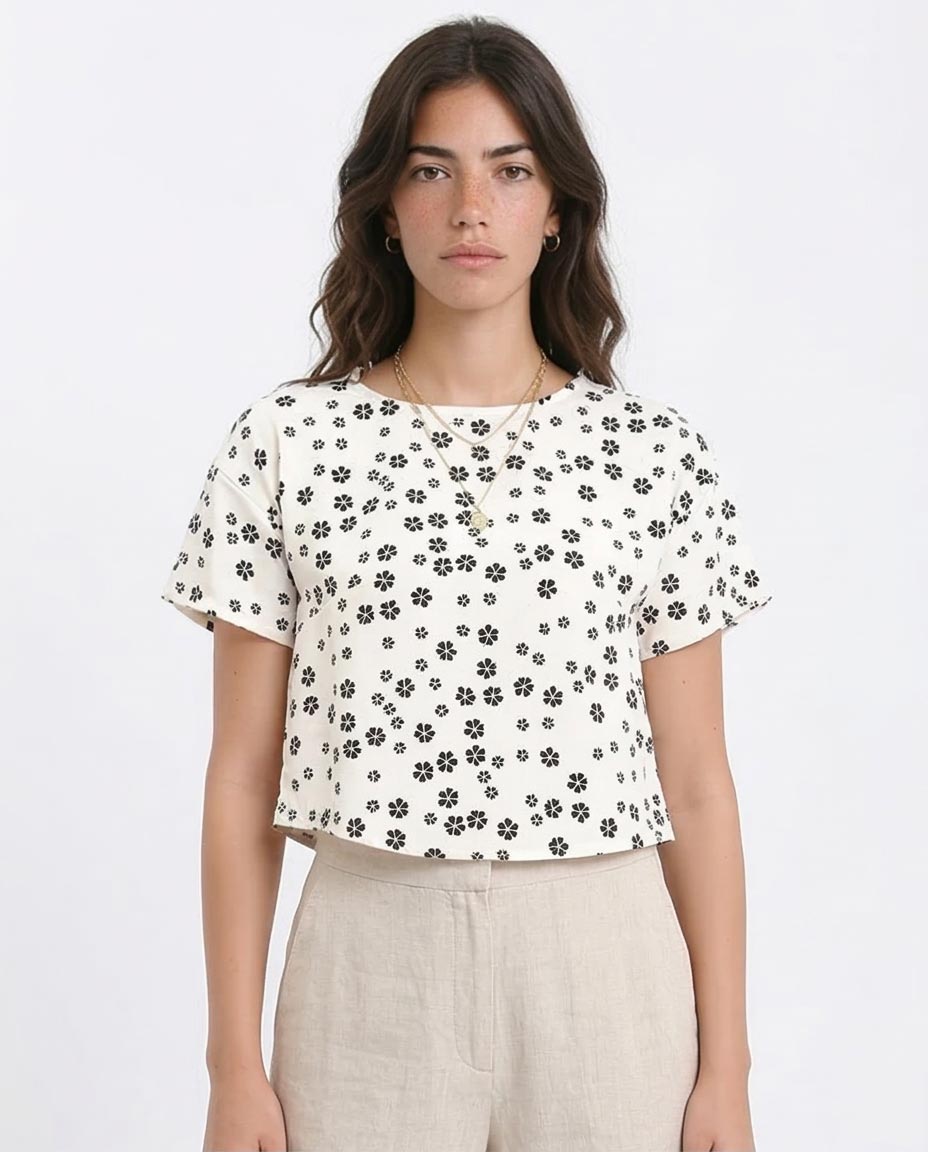 Women's Floral Print Boxy Cropped Top - Off-White & Black