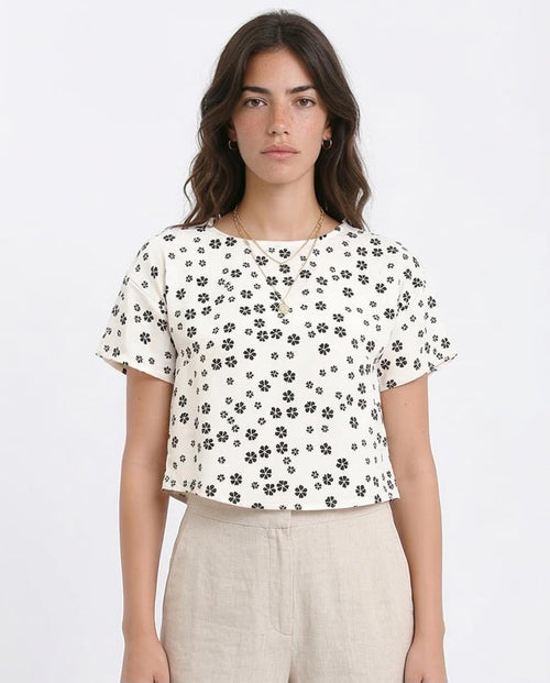 Women's Floral Print Boxy Cropped Top - Off-White & Black