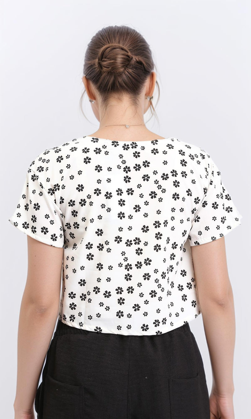 R208776 - Floral Boat Neck Short Sleeves Tee - White & Black