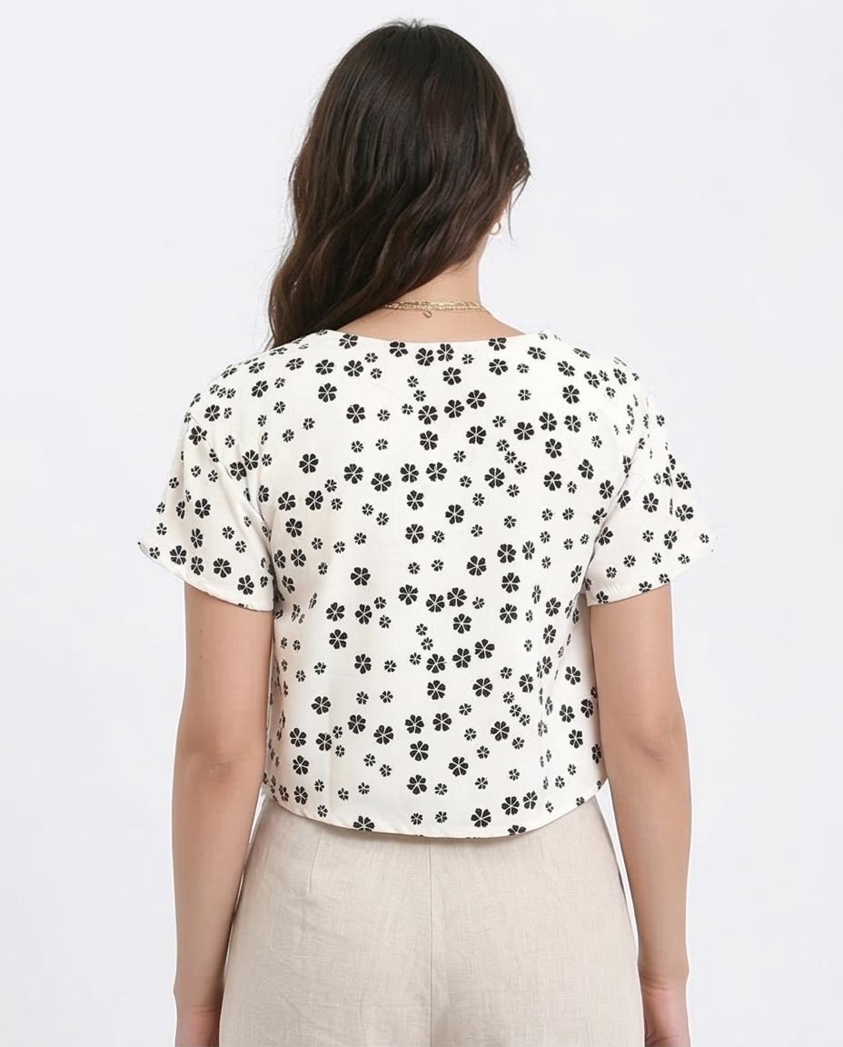 توب قصير بقصة مربعة مزين بطبعة زهور للنساء من ريفين - بيج وأسود - R208776