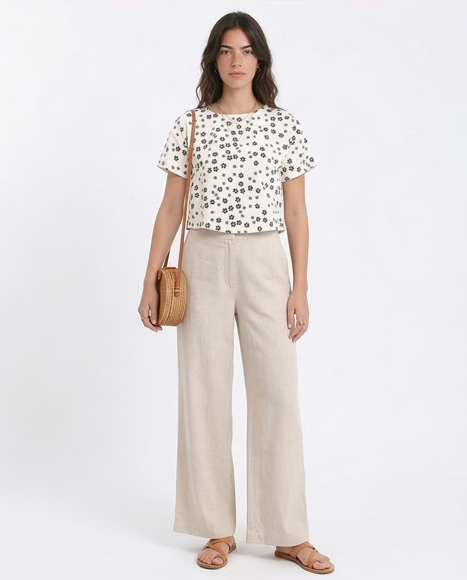 توب قصير بقصة مربعة مزين بطبعة زهور للنساء من ريفين - بيج وأسود - R208776