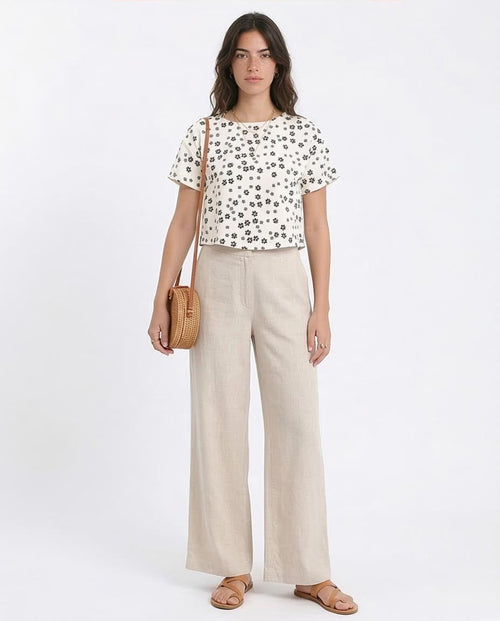 توب قصير بقصة مربعة مزين بطبعة زهور للنساء من ريفين - بيج وأسود - R208776