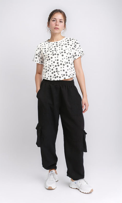 R208776 - Floral Boat Neck Short Sleeves Tee - White & Black