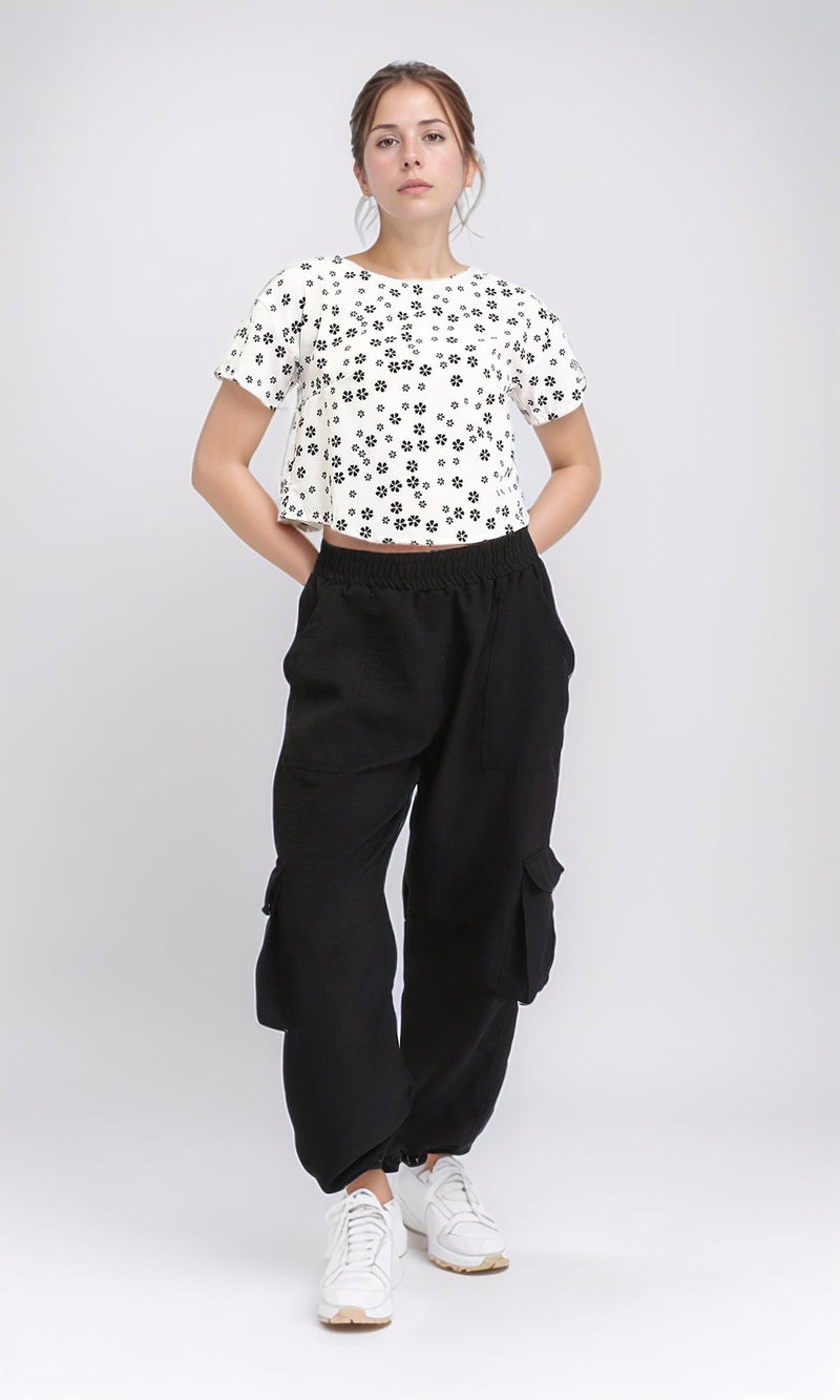 R208776 - Floral Boat Neck Short Sleeves Tee - White & Black