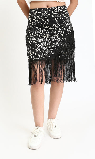 Patterned Zipped Short Skirt with Fringes - Black & White