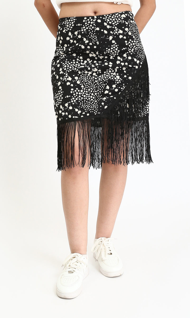 R208781 - Patterned Zipped Short Skirt with Fringes - Black & White