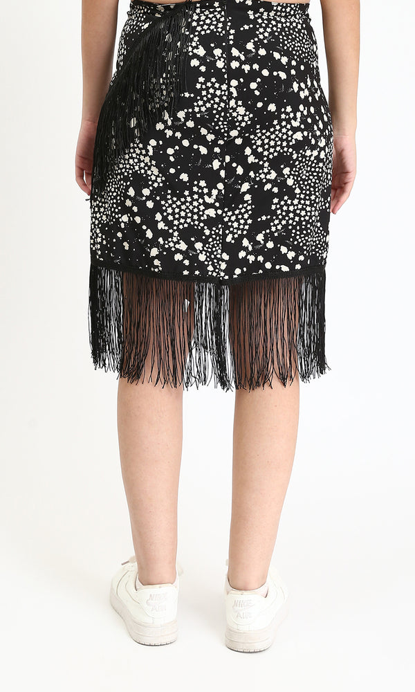 R208781 - Patterned Zipped Short Skirt with Fringes - Black & White