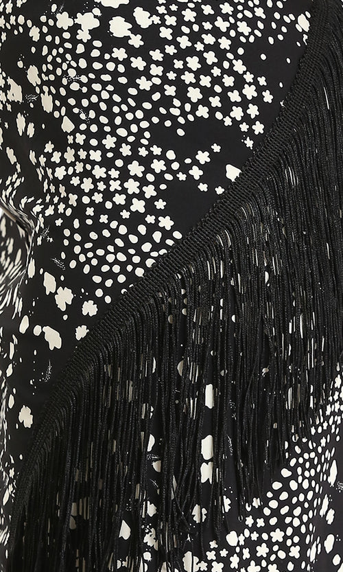 R208781 - Patterned Zipped Short Skirt with Fringes - Black & White