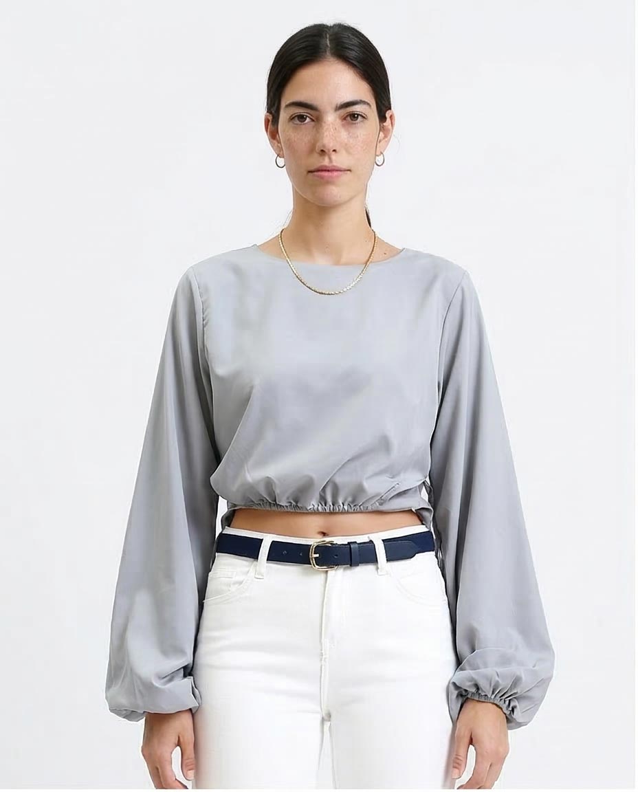 Women's Boat-Neck Cropped Blouse with Elasticated Bubble Hem - Slate Grey