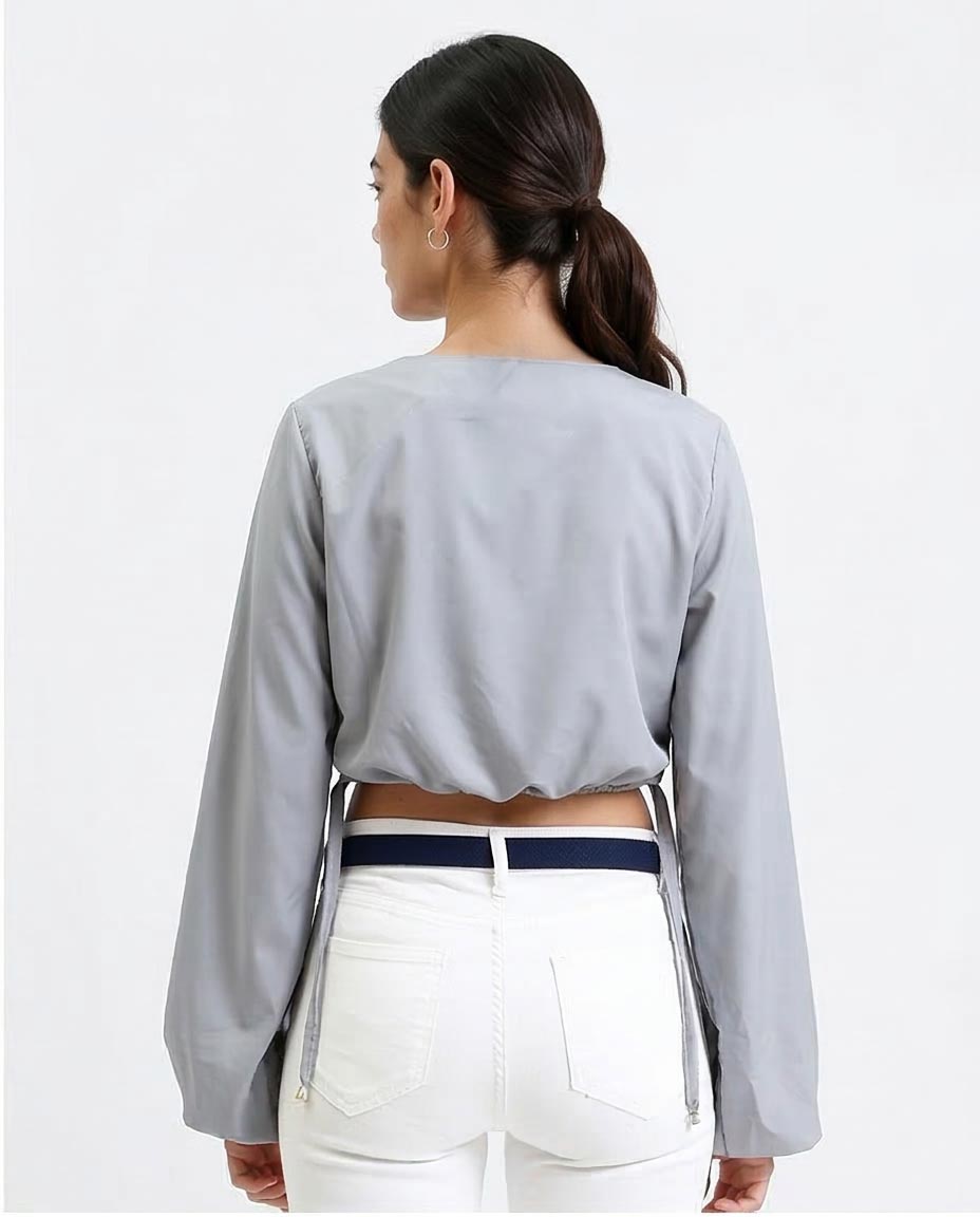 Ravin Women’s Boat-Neck Cropped Blouse with Elasticated Bubble Hem – Slate Grey -R208787