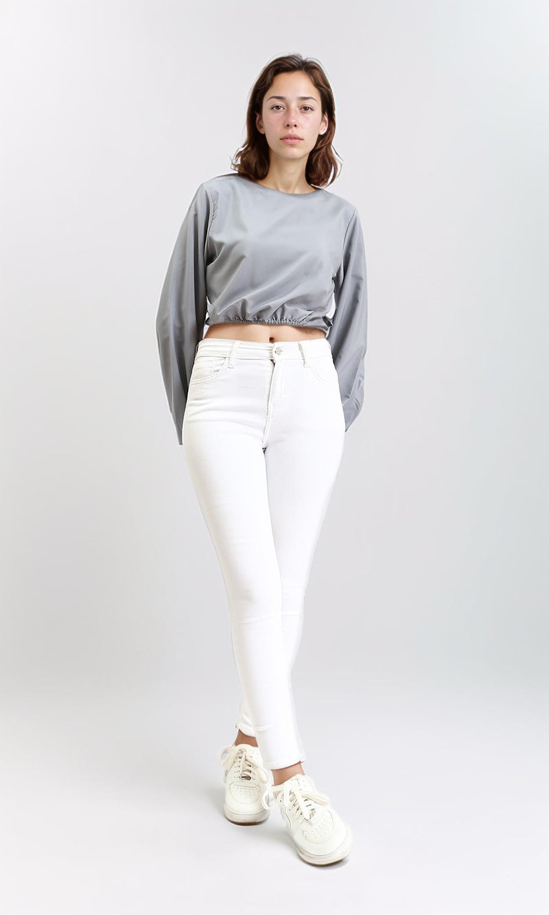 R208787 - Bell Sleeves Solid Casual Blouse - Grey