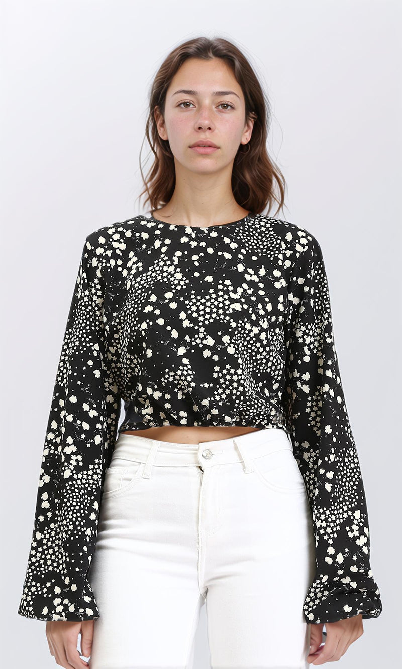 R208790 - Bell Sleeves Patterned Blouse - Black & White