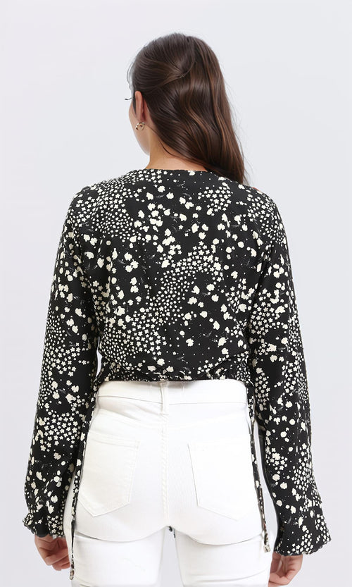R208790 - Bell Sleeves Patterned Blouse - Black & White
