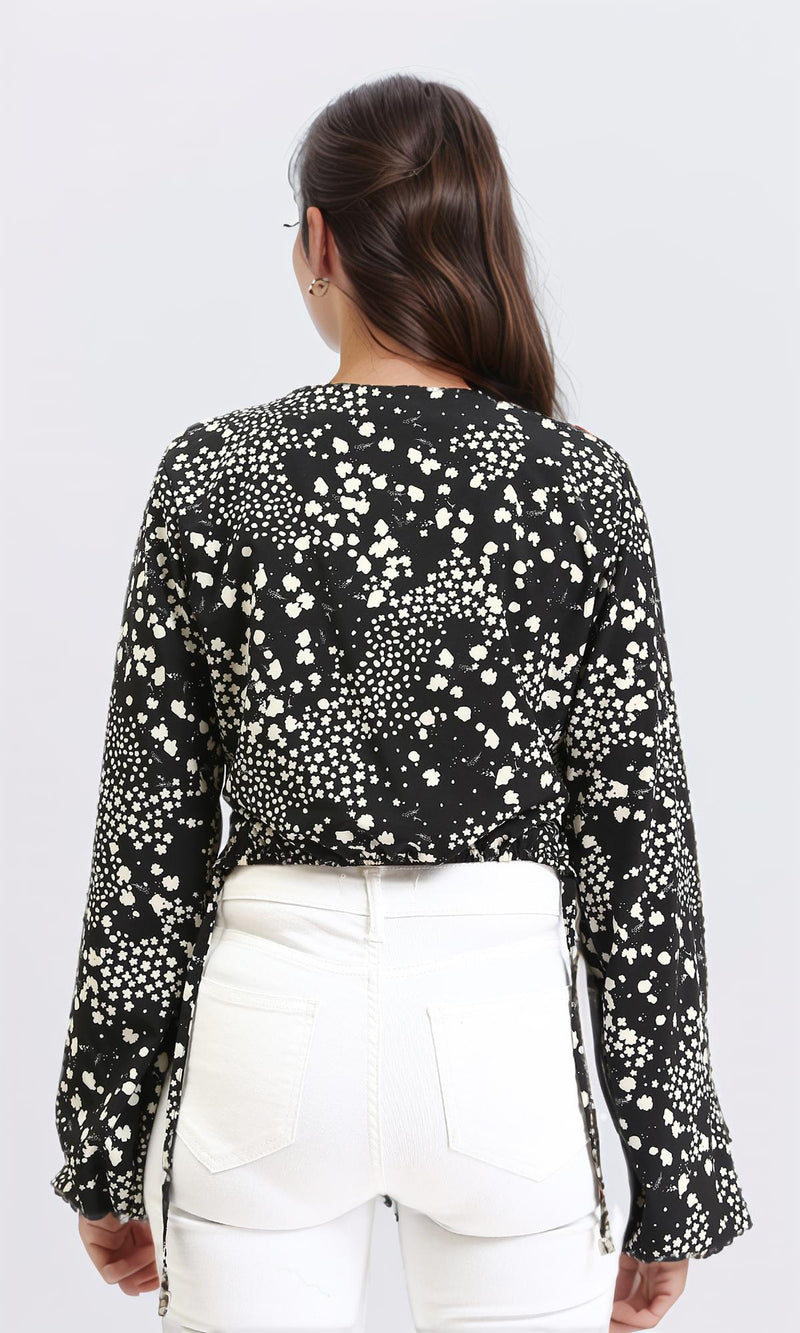 R208790 - Bell Sleeves Patterned Blouse - Black & White