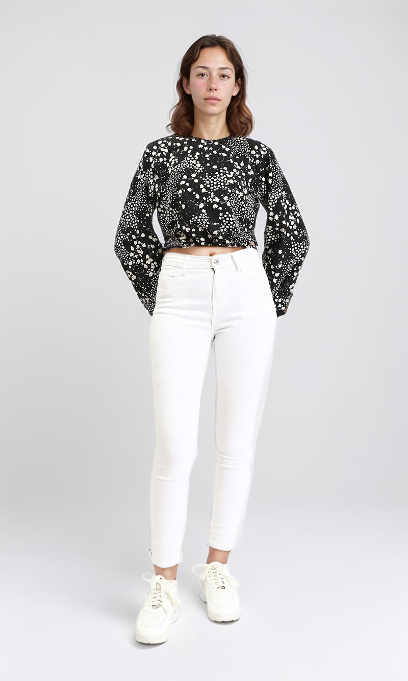 R208790 - Bell Sleeves Patterned Blouse - Black & White